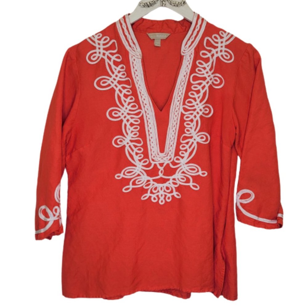 Appraisal Womens 3/4 Sleeve V Neck Boho Ribbon Embroidered Shirt Blouse Sz M